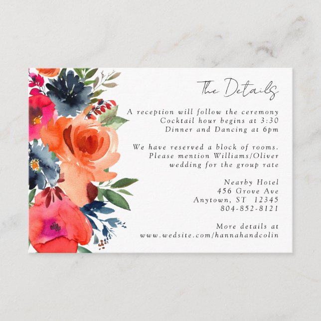 Tarjeta De Recepción Naranja azul vibrante Rojo Botánico (Anverso)