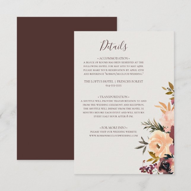 Tarjeta De Recepción Naranja Borgoña Floral | Detalles de Beige (Anverso / Reverso)