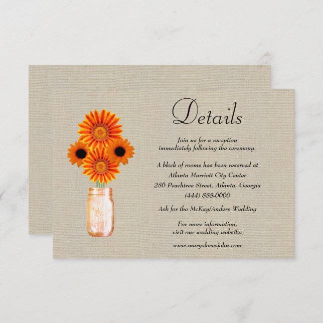 Tarjeta De Recepción Naranja Burlap Floral Mason Jar Boda Detalles (Anverso / Reverso)