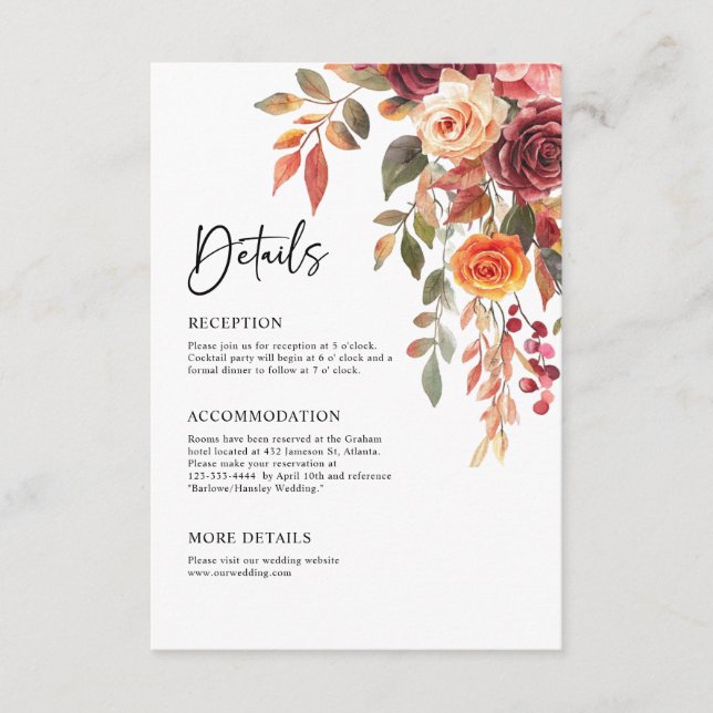 Tarjeta De Recepción Naranja de Borgoña Cae Elegante Detalles de Boda (Anverso)