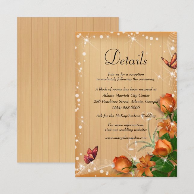 Tarjeta De Recepción Naranja de madera rústica Boda de mariposa floral (Anverso / Reverso)