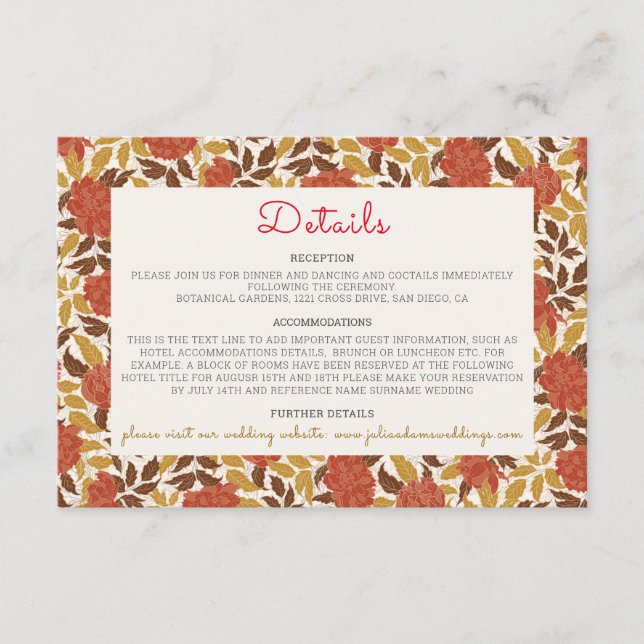 Tarjeta De Recepción Naranja Dusty Brunt Peony Flores Caen Boda (Anverso)