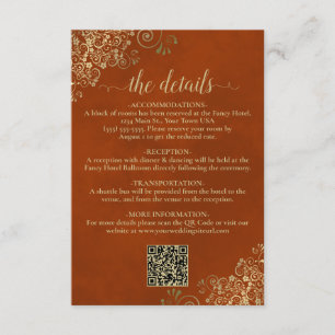 Tarjeta De Recepción Naranja elegante de óxido y Boda de oro Detalles d