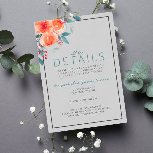 Tarjeta De Recepción Naranja floral alegre y Boda Verde azulado