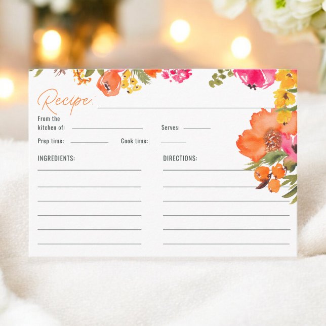Tarjeta De Recepción Naranja floral audaz Floral Bridal Shower Receta (Bold floral orange Floral Bridal Shower Recipe Enclosure Card)