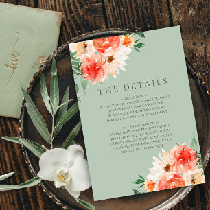 Tarjeta De Recepción Naranja florece sobre detalles de Boda verde sabio