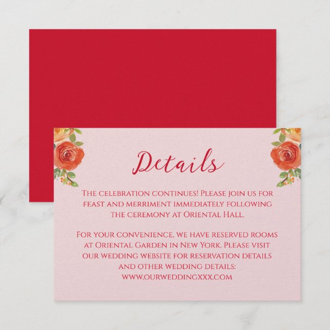 Tarjeta De Recepción Naranja flores amarillas detalles de bodas chinos (Anverso / Reverso)