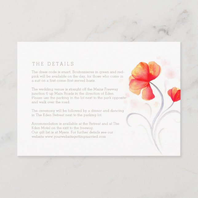 Tarjeta De Recepción Naranja flores giratoria gris acuarela los detalle (Anverso)