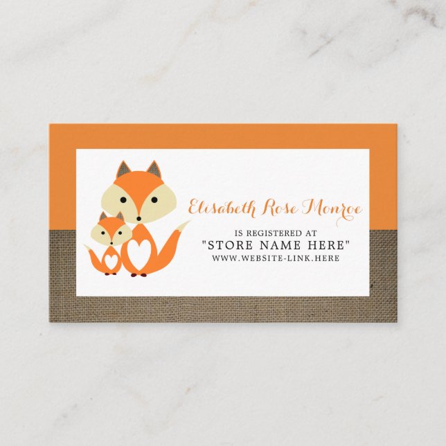 Tarjeta De Recepción Naranja Fox Burlap Baby Shower Gift Registry (Anverso)