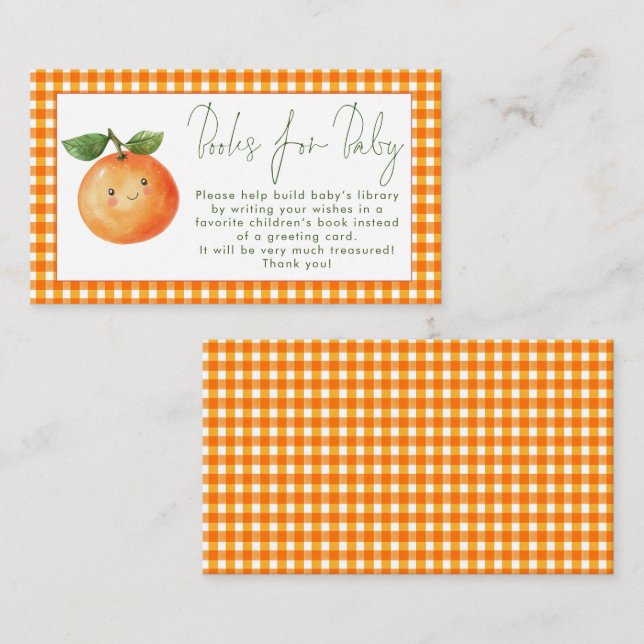 Tarjeta De Recepción Naranja Gingham Little Cutie Books para Baby Showe (Anverso / Reverso)