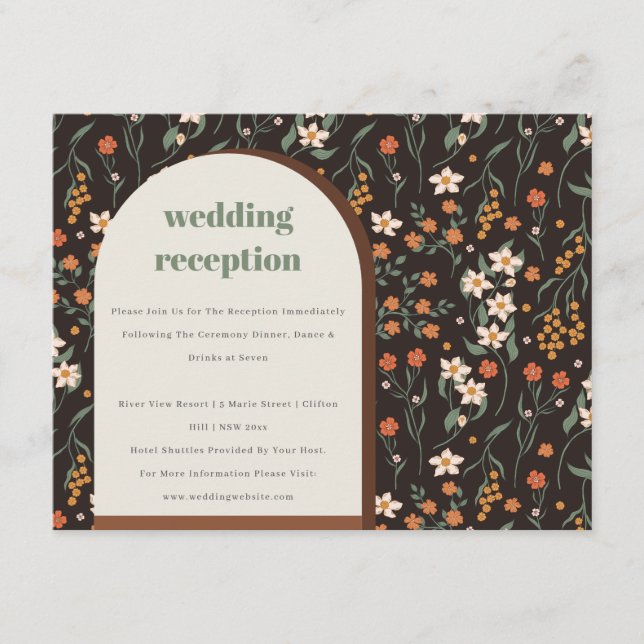 Tarjeta De Recepción Naranja Groovy Retro Arch Floral Wedding (Anverso)