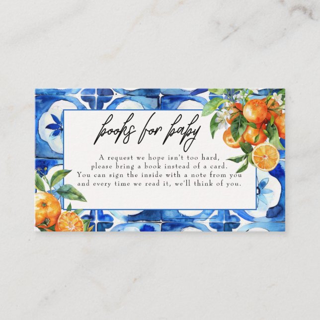 Tarjeta De Recepción Naranja italiano acuarela Baby Shower Book Request (Anverso)
