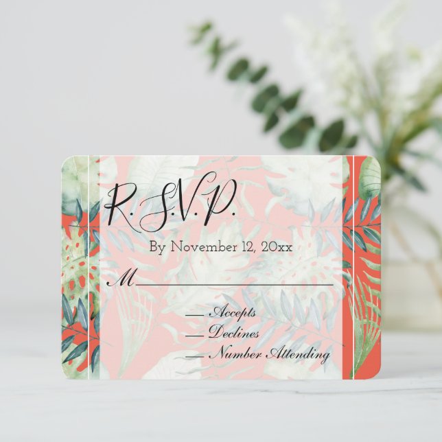 Tarjeta De Recepción Naranja Mint Tropical Green Leaves Wedding RSVP (Anverso de pie)