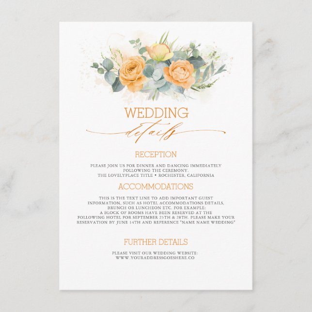 Tarjeta De Recepción Naranja Pastel Flores Boda Información Invitado (Anverso)