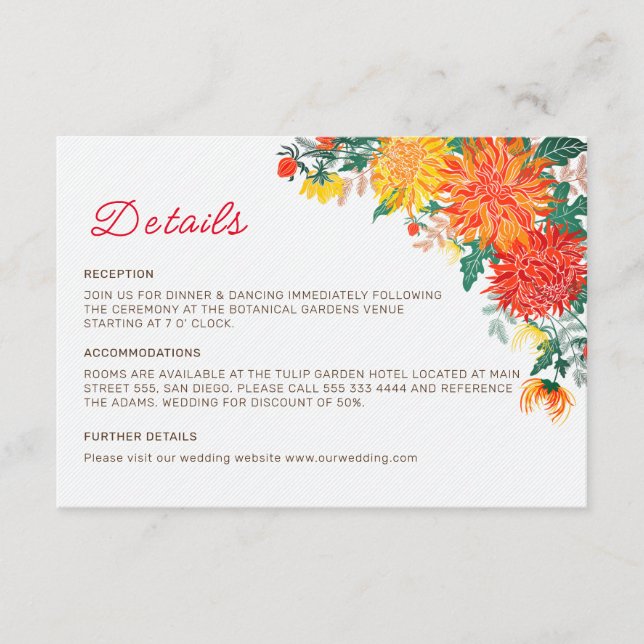 Tarjeta De Recepción Naranja Pastel Primavera Amarilla Dahlia Boda (Anverso)