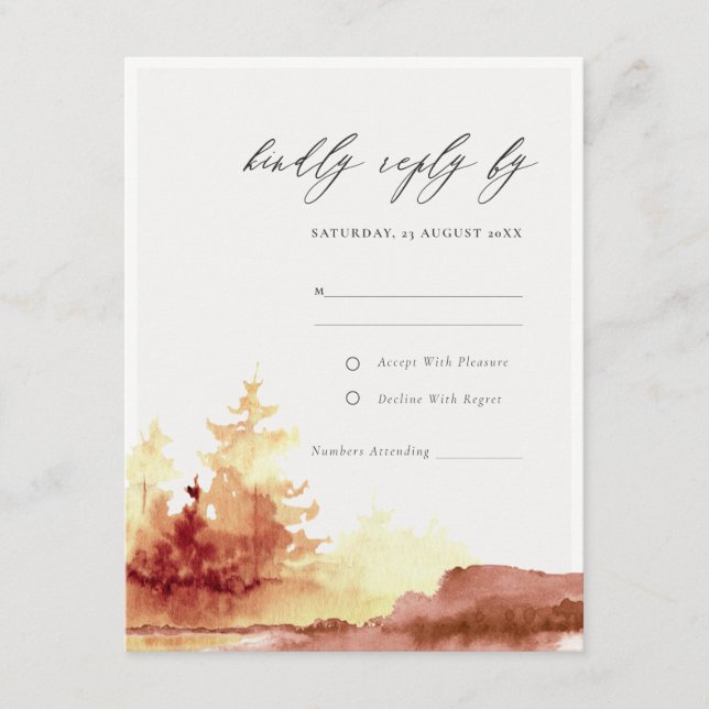 Tarjeta De Recepción Naranja quemado Árboles caídos amarillos Boda RSVP (Anverso)