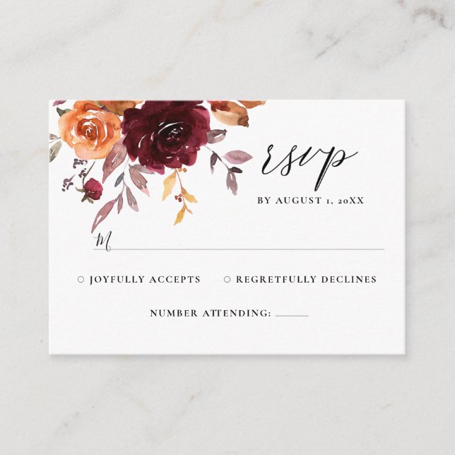 Tarjeta De Recepción Naranja quemado Burgundy Floral Rust Wedding RSVP  (Anverso)