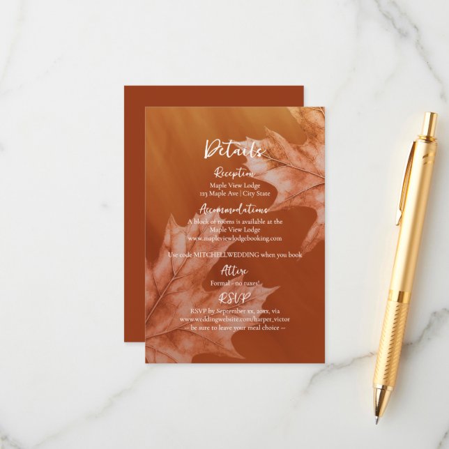 Tarjeta De Recepción naranja quemado con detalles de acento de hojas de (Anverso/Reverso In Situ)