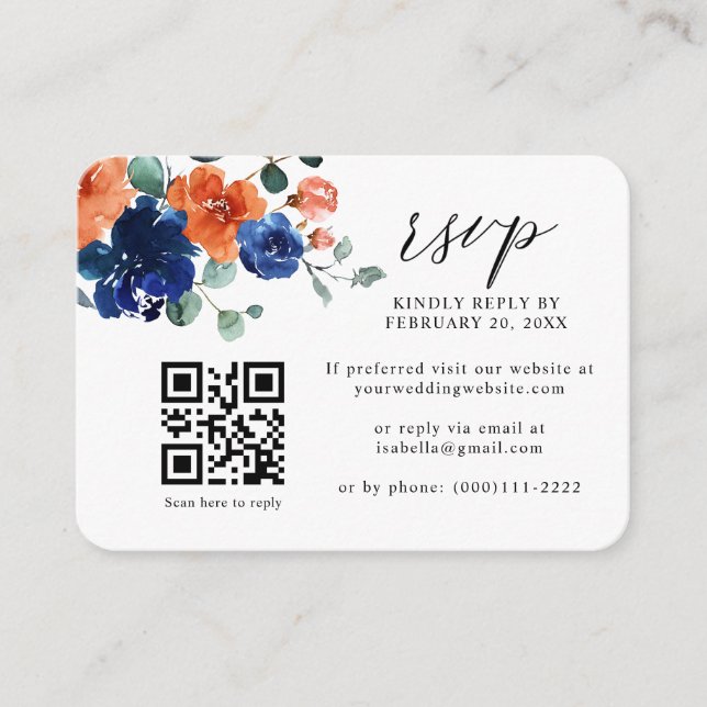 Tarjeta De Recepción Naranja Quemado de la Marina Boda de Código QR Bod (Anverso)