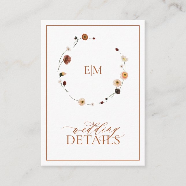 Tarjeta De Recepción Naranja quemado Escudo floral Detalles del Boda Mo (Anverso)