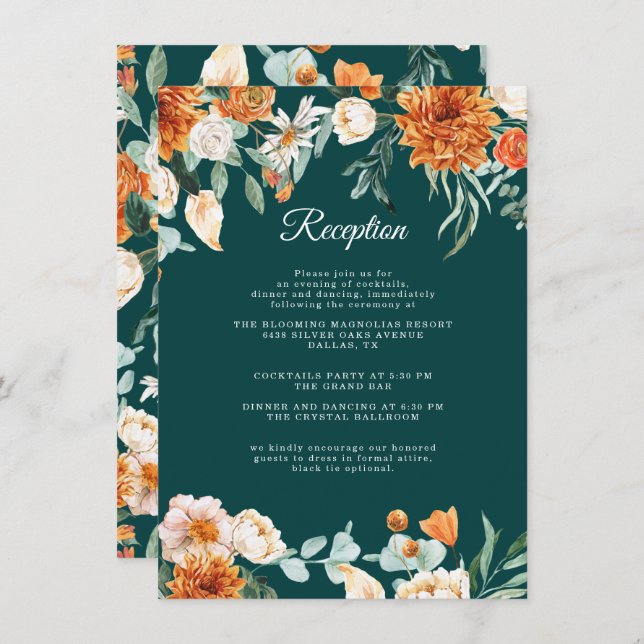 Tarjeta De Recepción Naranja quemado verde azulado Rustic Fall Wedding (Anverso / Reverso)