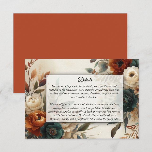 Tarjeta De Recepción Naranja quemado y Boda de Flores de Caída Azul (Anverso / Reverso)