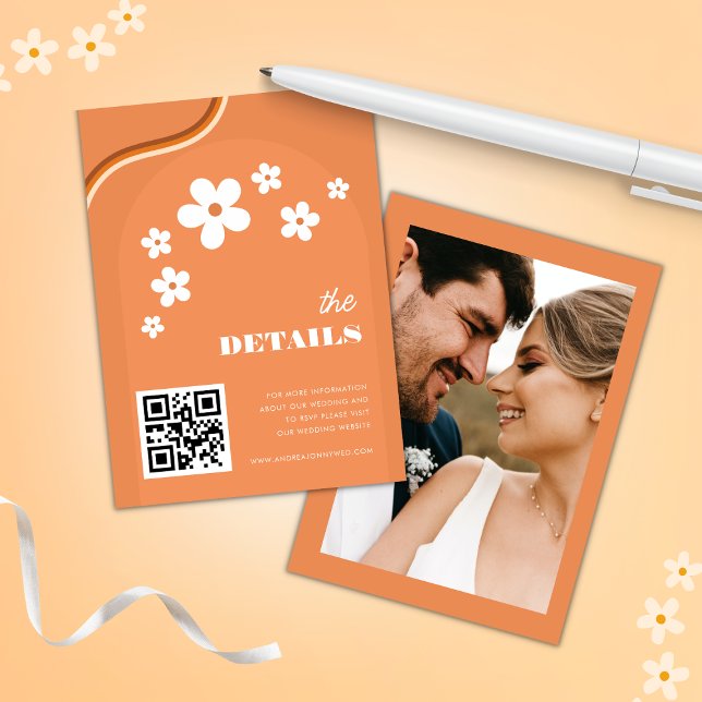 Tarjeta De Recepción Naranja Retro Daisy Boho Detalles del Boda de códi (Subido por el creador)