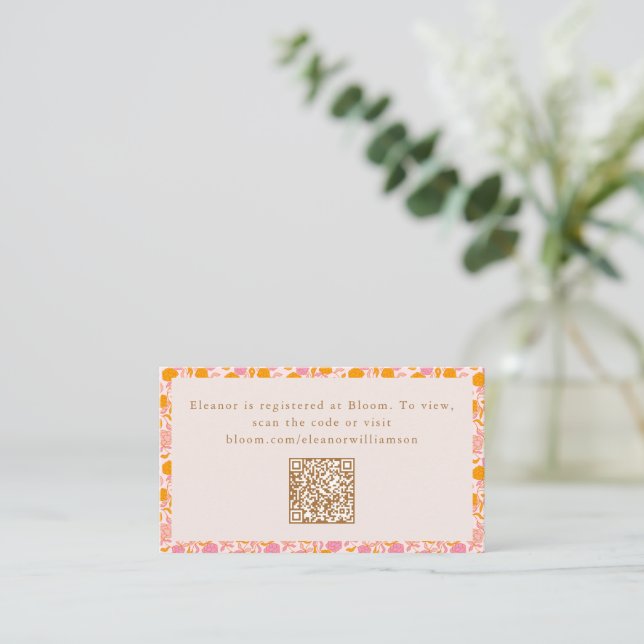 Tarjeta De Recepción Naranja rosa Boho Floral Cute Baby Shower QR (Anverso de pie)