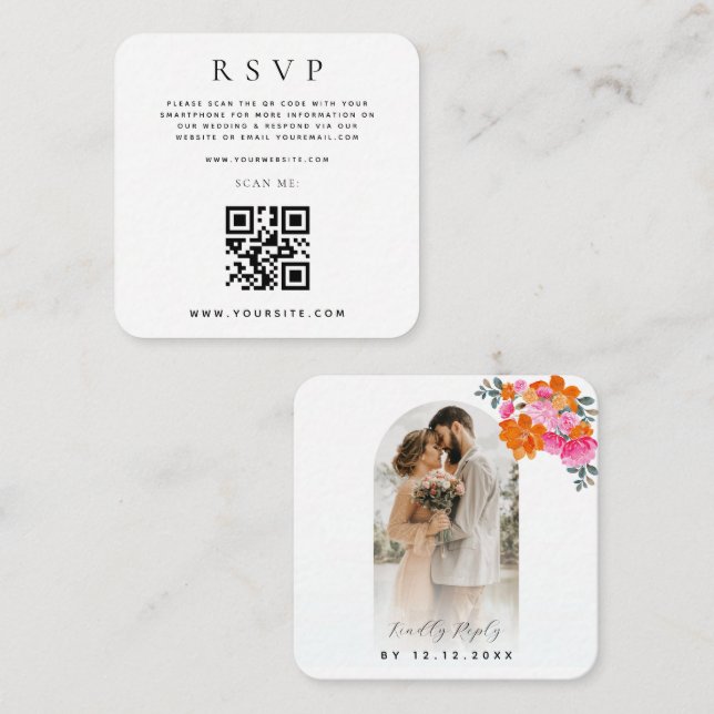 Tarjeta De Recepción Naranja rosa Floral Código QR Boda en línea RSVP (Anverso / Reverso)