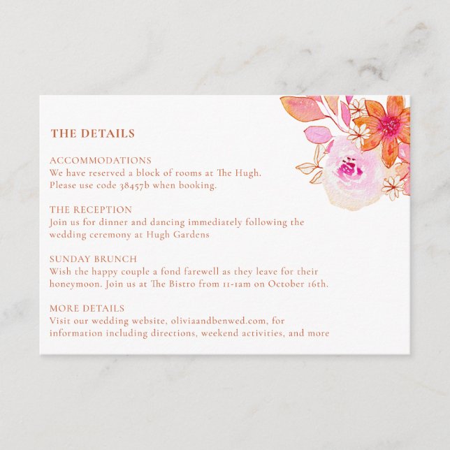 Tarjeta De Recepción Naranja rosa Moda Boho Boda acuarela floral (Anverso)