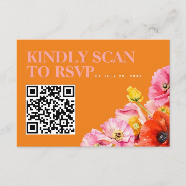 Tarjeta De Recepción Naranja rosa moderno Boda amarillo Código QR RSVP (Anverso)