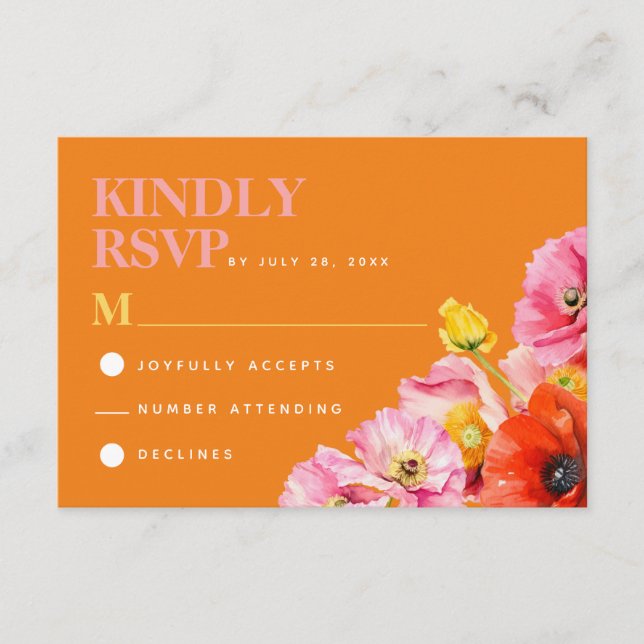 Tarjeta De Recepción Naranja rosa moderno Boda floral amarilla RSVP (Anverso)