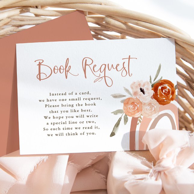 Tarjeta De Recepción Naranja Terracotta Boho | Solicitud de libro de be (A cute, boho baby shower book request card with a neutral terracotta rainbow and flowers)