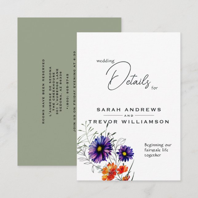 Tarjeta De Recepción Naranja vibrante acuarela y flores silvestres mora (Anverso / Reverso)