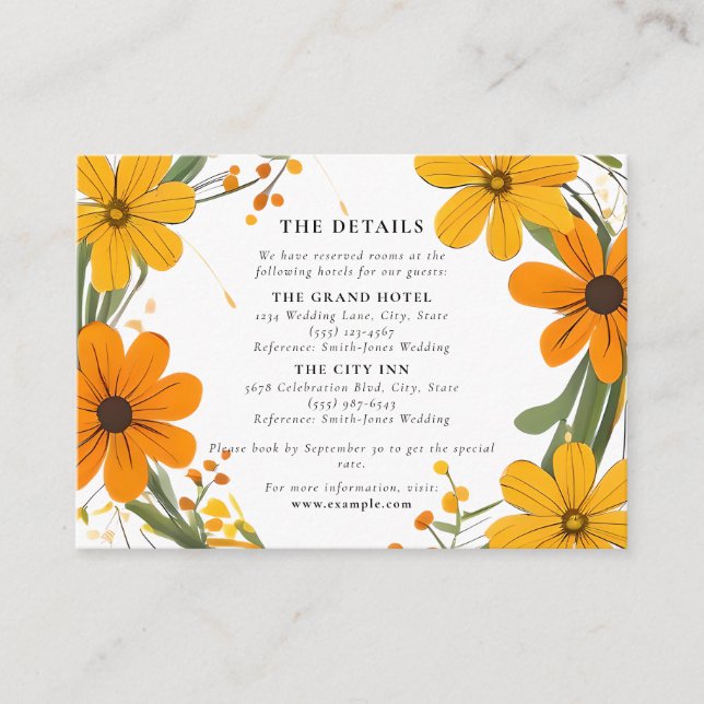 Tarjeta De Recepción Naranja y Boda de flores silvestres amarillas (Anverso)