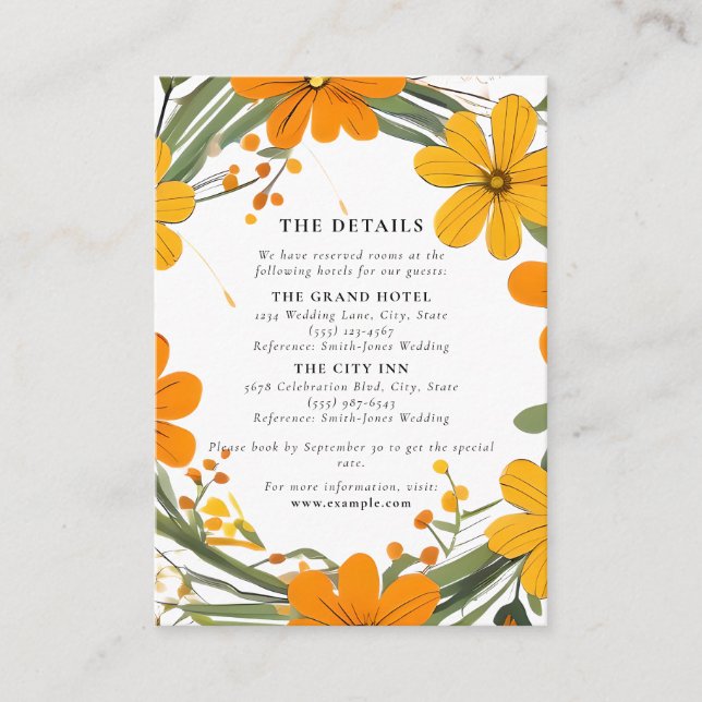 Tarjeta De Recepción Naranja y Boda de flores silvestres amarillas (Anverso)