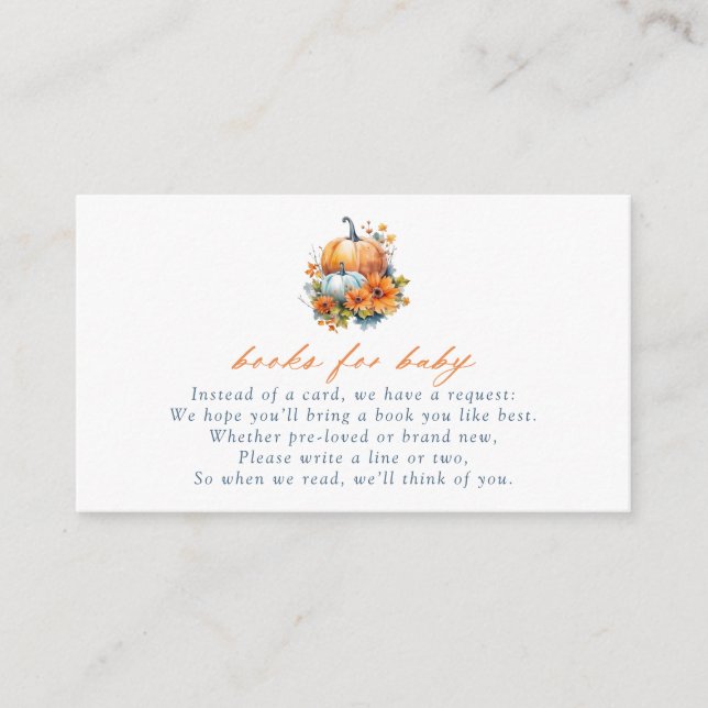 Tarjeta De Recepción Naranja y calabazas florales azules libros para be (Anverso)