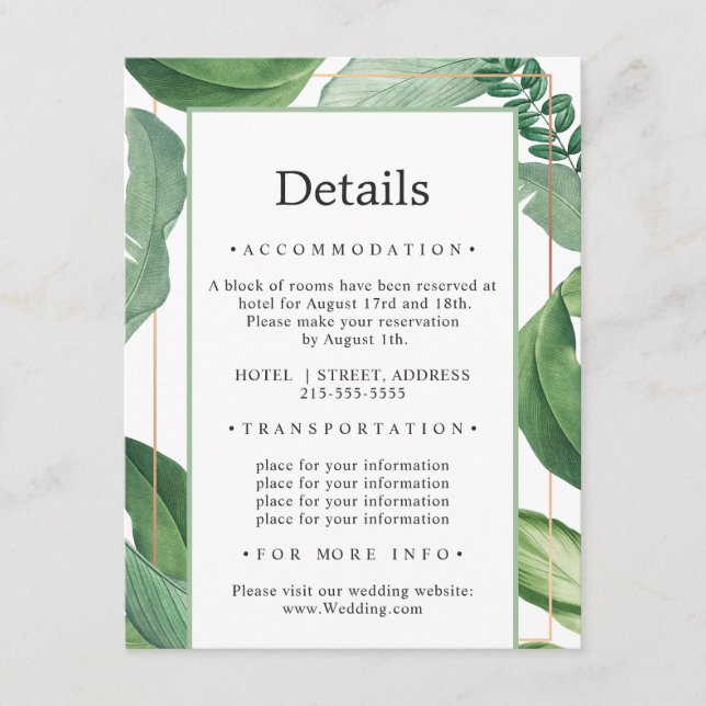 Tarjeta De Recepción Naturaleza tropical salvaje. Detalles del Boda de  (Anverso)