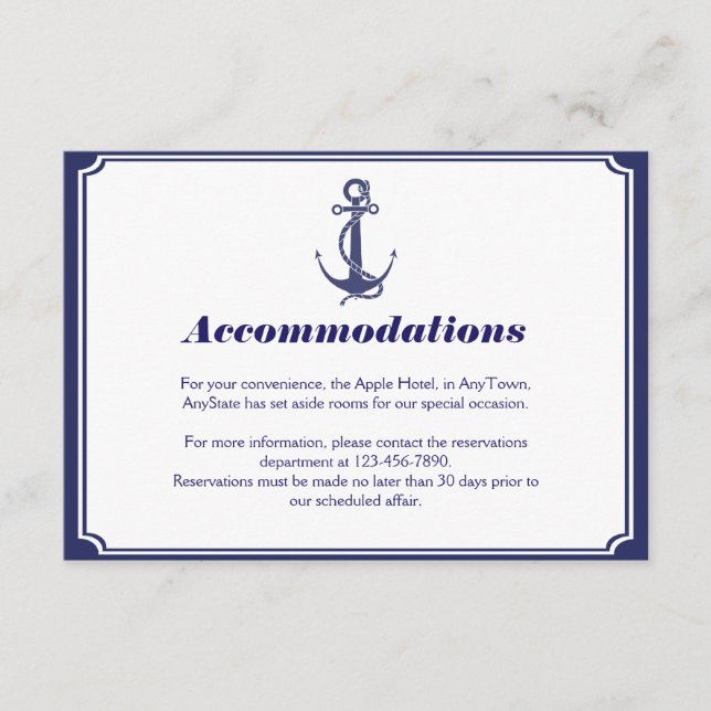Tarjeta De Recepción Nautical Anchor on Naval Boda Insertar (Anverso)