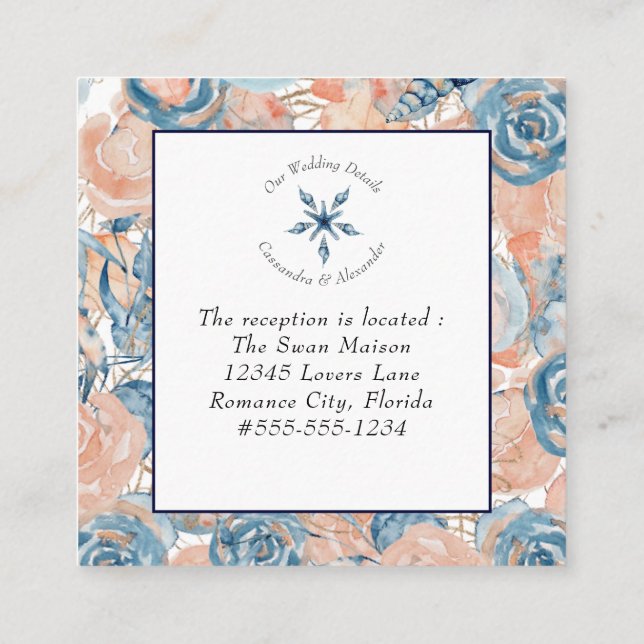 Tarjeta De Recepción Nautical Beach Wedding Seashells Starfish (Reverso)