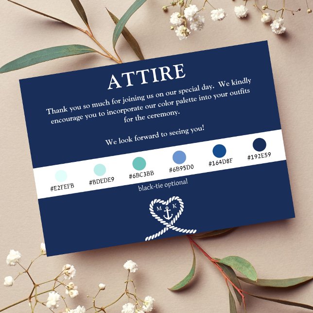 Tarjeta De Recepción Nautical Blue Heart Rope Monograma Boda (Nautical Blue Heart Rope Monogram Wedding Attire Enclosure Card)