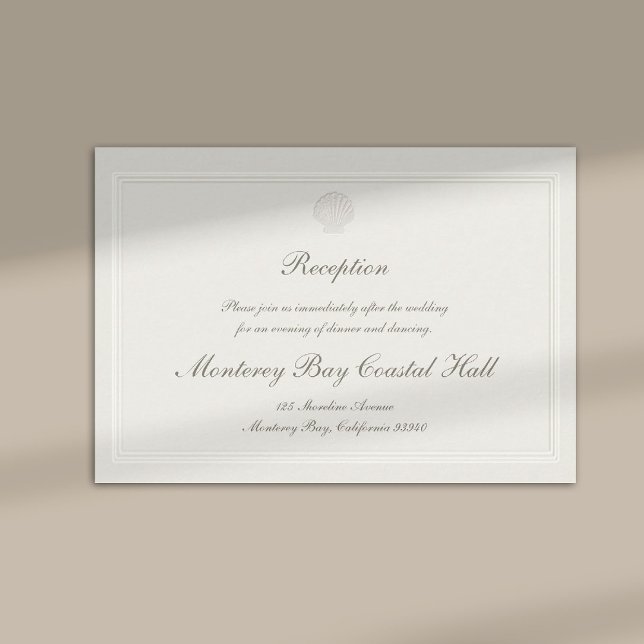 Tarjeta De Recepción Nautical Coastal Shell Modern Classic Wedding (modern classic wedding reception details card frame ecru script calligraphy formal traditional )