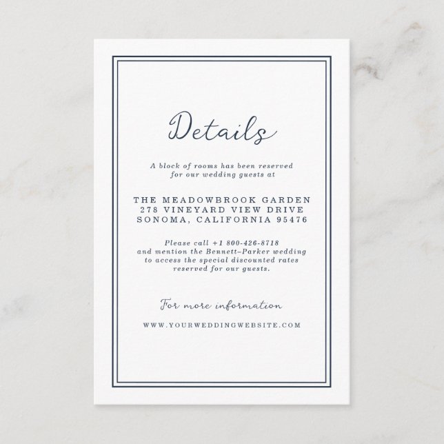 Tarjeta De Recepción Nautical Navy Stripe Wedding Details Card (Anverso)