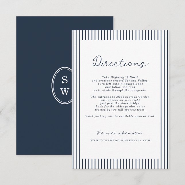 Tarjeta De Recepción Nautical Navy Stripe Wedding Directions Card (Anverso / Reverso)