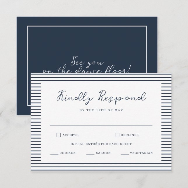 Tarjeta De Recepción Nautical Navy Stripe Wedding RSVP Card (Anverso / Reverso)