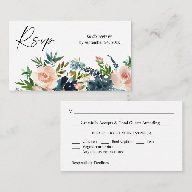 Tarjeta De Recepción Naval Presupuestaria, Azul Dusty y Floral Rosa 2SM (Anverso / Reverso)