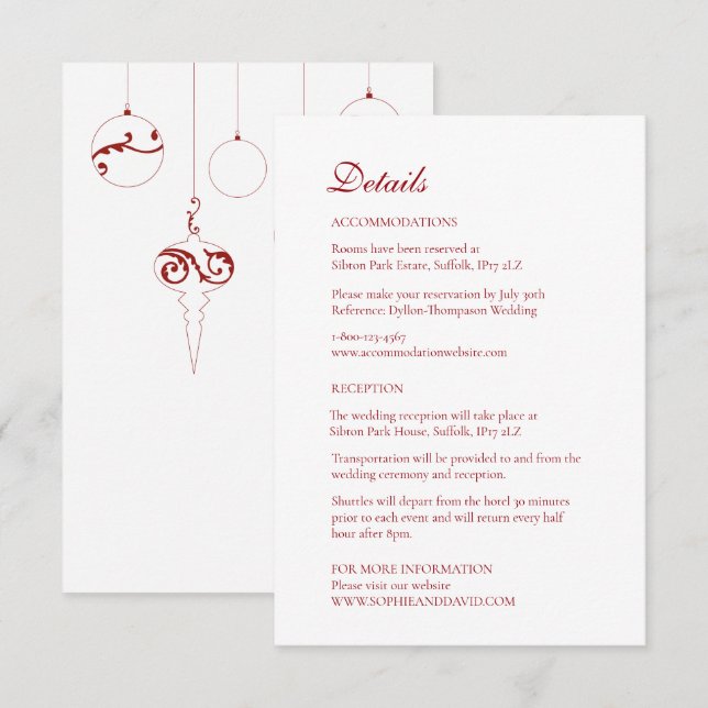 Tarjeta De Recepción Navidades Bauble Ornaments Winter Red (Anverso / Reverso)