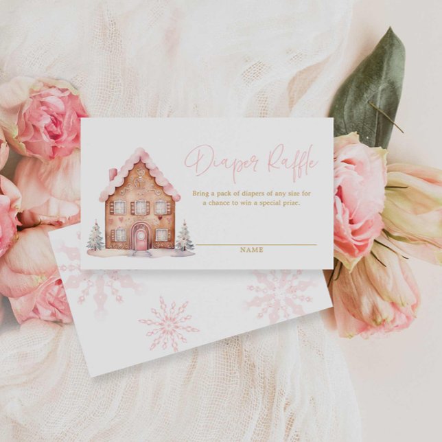 Tarjeta De Recepción Navidades Chicas rosados Diaper Raffle Ticket (Pink Winter Gingerbread House Baby shower Diaper Raffle Ticket)