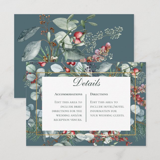 Tarjeta De Recepción Navidades de invierno Boda de detalles Verde azula (Anverso / Reverso)