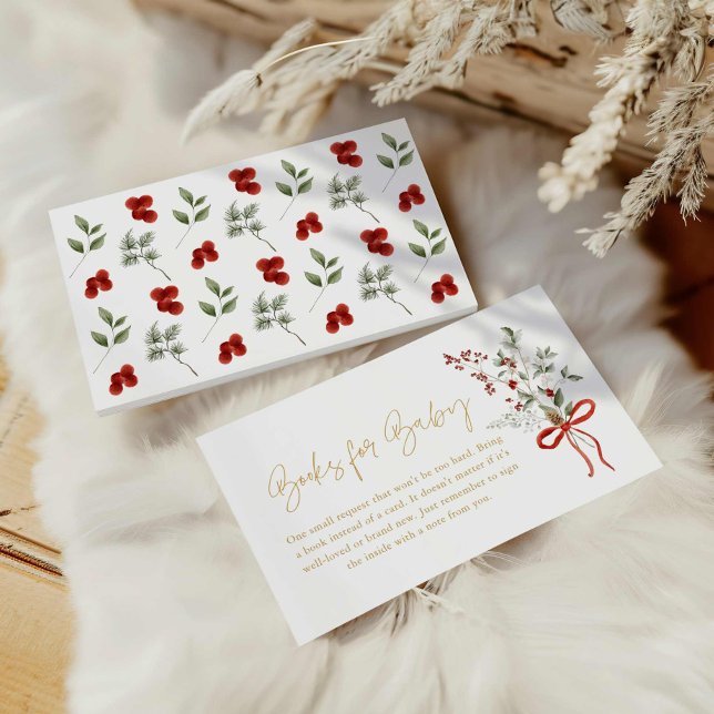 Tarjeta De Recepción Navidades de invierno Chica libros Baby Shower par (Winter Greenery and Red Holly Books for Baby Card)